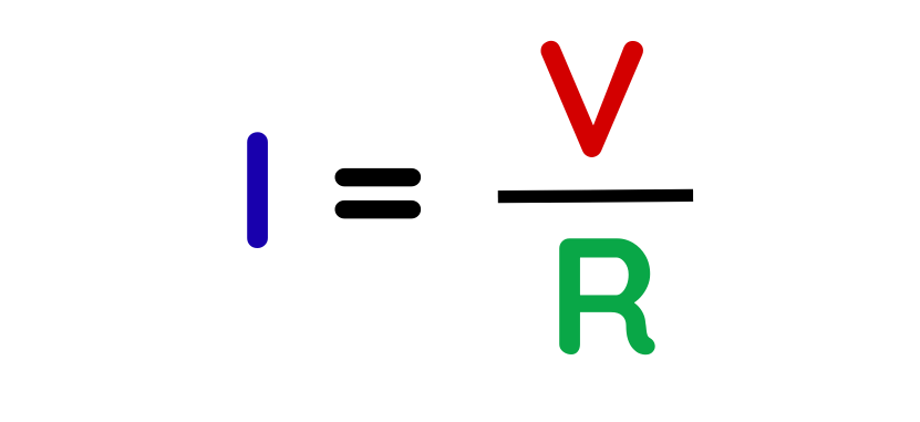 Ohm’s Law formula triangle showing V at the top and I and R at the bottom for electrical circuit calculations