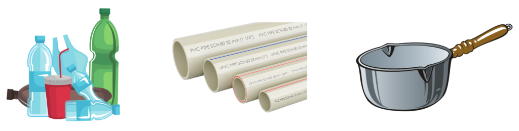 Polymers used in everyday materials such as plastic bottles, PVC pipes, and non-stick cookware