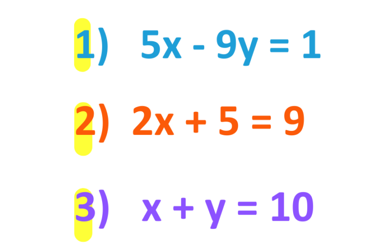 educational diagram showing examples of simultaneous equations with x and y variables for gcse maths
