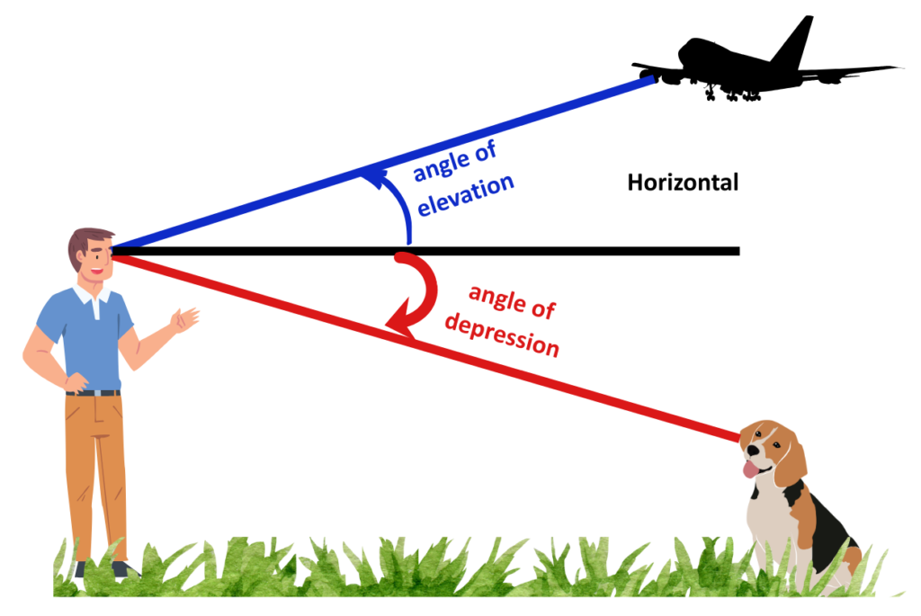Image showing angles of elevation and angles of depression with respect to a human and a puppy and an aircraft to understand Trigonometry for gcse maths