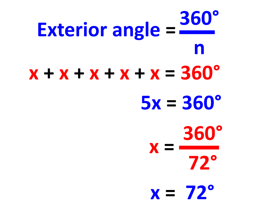 Solved example calculating a single exterior angle of a regular pentagon for GCSE Maths and maths revision.