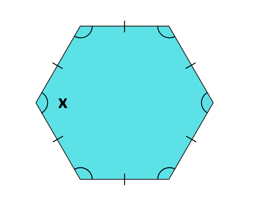 Solved example showing how to find the interior angle 𝑥 x of a regular hexagon in GCSE Maths