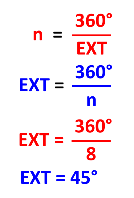 Solved example showing calculations to find the exterior angle x and interior angle y of a polygon for GCSE Maths geometry and maths revision.