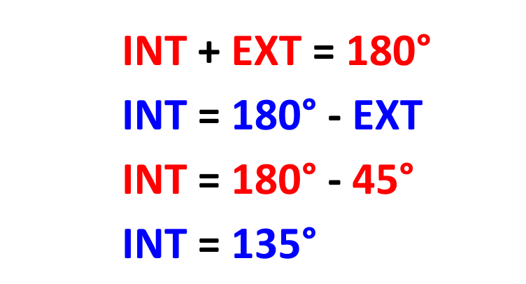 Solved example showing calculations to find the exterior angle x and interior angle y of a polygon for GCSE Maths geometry and maths revision.