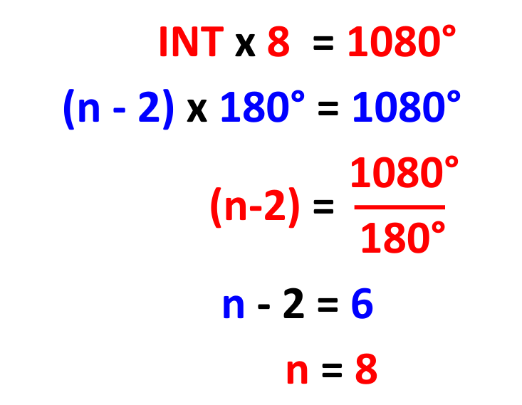 Solved example showing calculations to find the exterior angle x and interior angle y of a polygon for GCSE Maths geometry and maths revision.