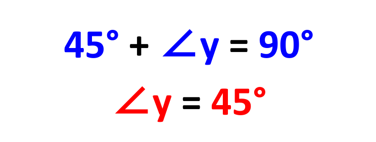 Solved example showing calculations for finding angles x and y using angle properties for GCSE Maths geometry and maths revision.