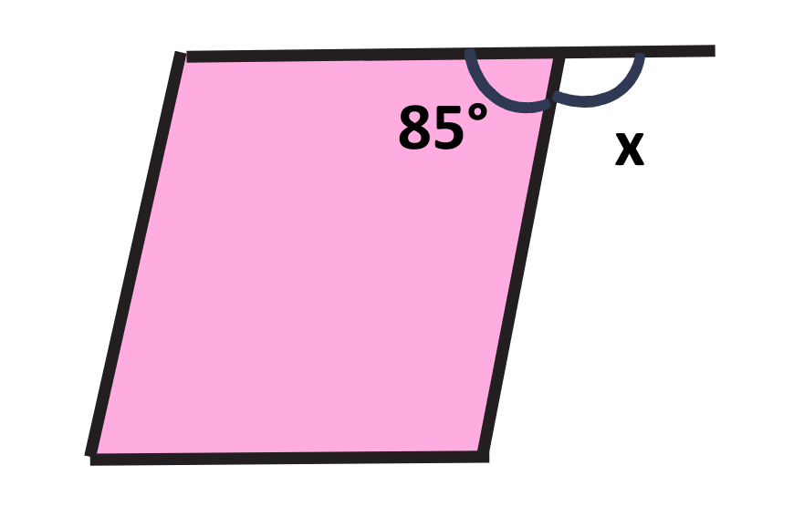 Question diagram showing a shape with an interior angle of 85 degrees and an exterior angle to be found for GCSE Maths geometry and maths revision.