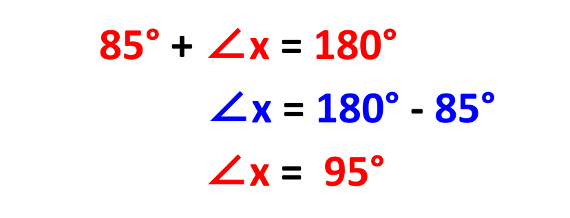 Solved example showing calculations to find the exterior angle from an interior angle of 85 degrees using angle facts for GCSE Maths and maths revision.