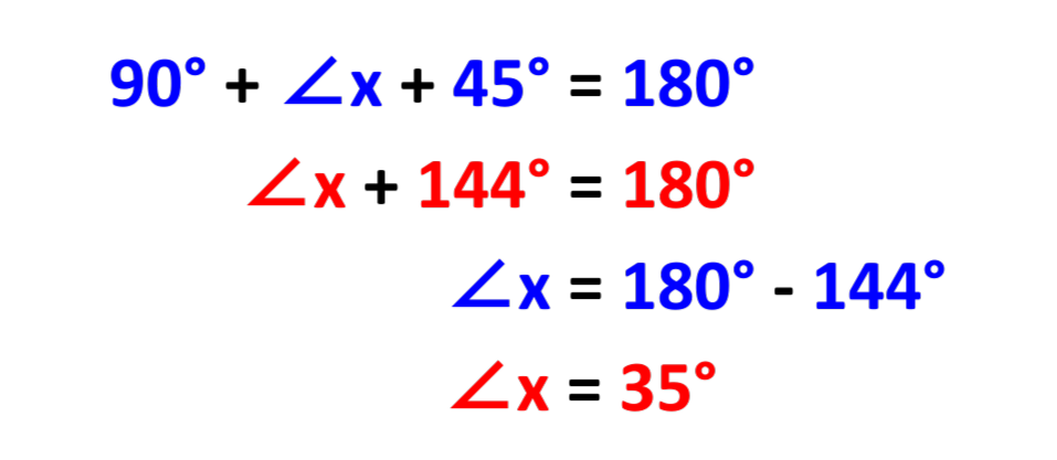Solved example showing calculations for finding angles x and y using angle properties for GCSE Maths geometry and maths revision.