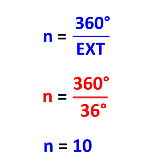 solved calculations showing how to find the number of sides of a regular polygon using exterior angles for GCSE Maths and maths revision.