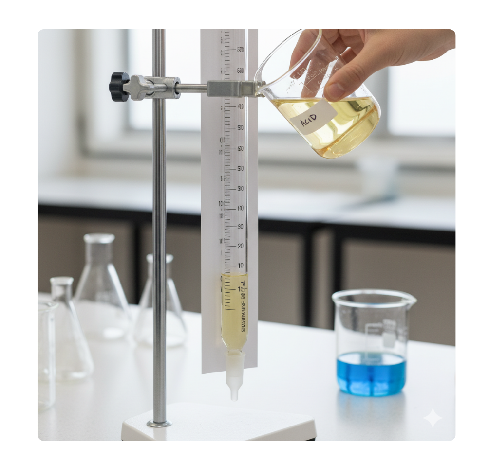 Diagram showing a burette being filled with acid